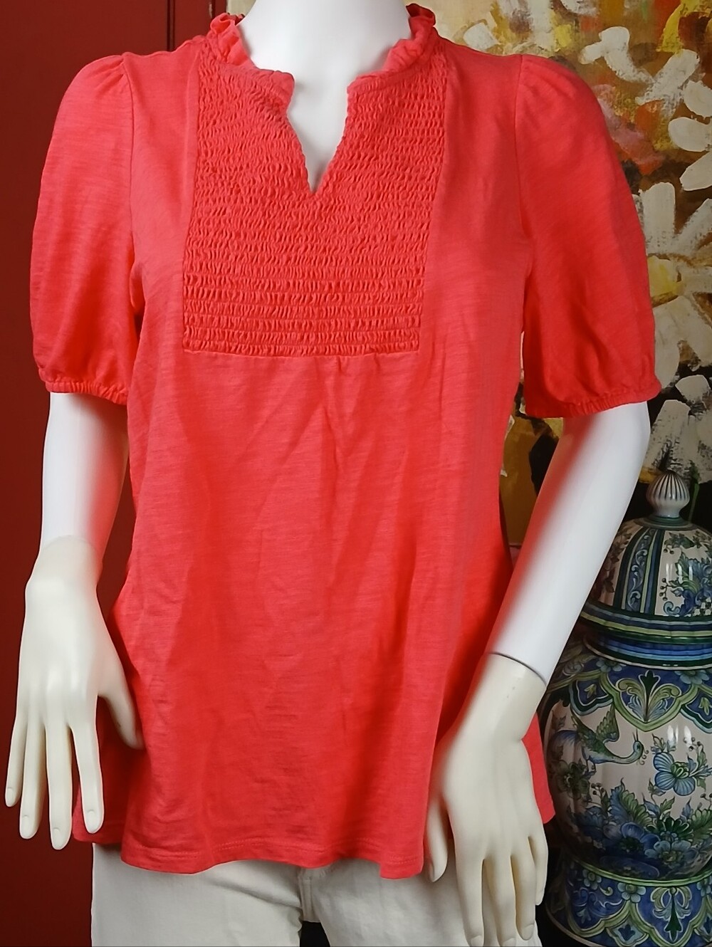 Belle by Kim Gravel Coral Red Smocked Yoke Short Sleeve Tunic